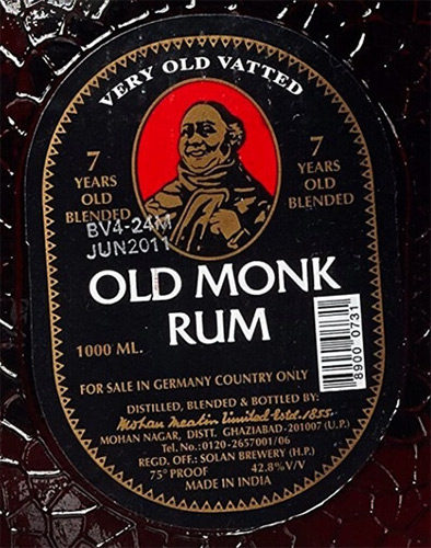 Этикетка Ром выдержанный "OLD MONK" ("ОЛД МОНК"), выдержка 7 лет  креп 42,8%, емк 1л